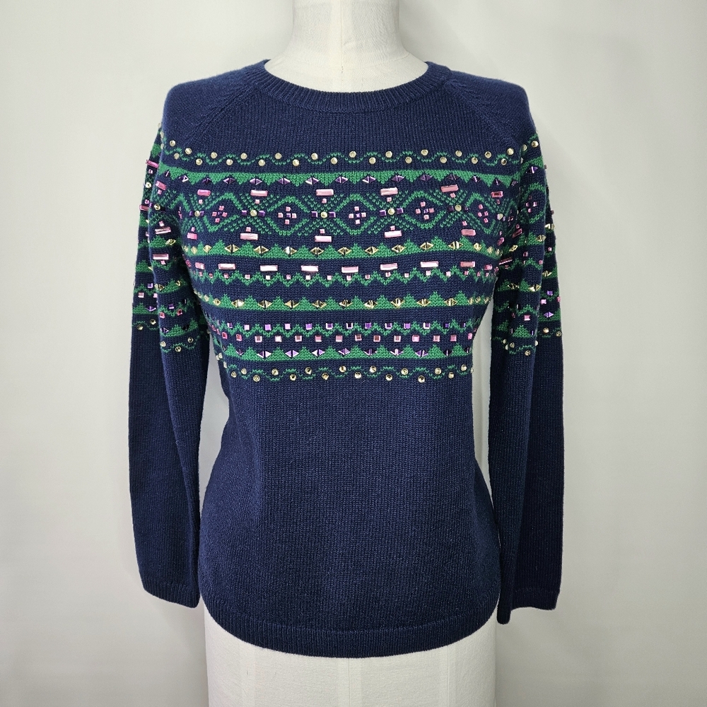 Talbots Size LP Sweater Fair Isle Gemstone Sparkle Navy Pastel Heavy Tight Knit